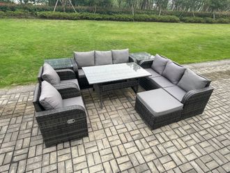 Fimous Outdoor Garden Patio Furniture Wicker Rattan Oblong Rectangular Dining Table & Lounge Sofa set with 2 Side Table Big Footstool in Dark Grey