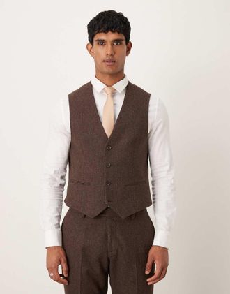 Asos Gilet da abito slim marrone con motivo a spina di pesce in misto lana