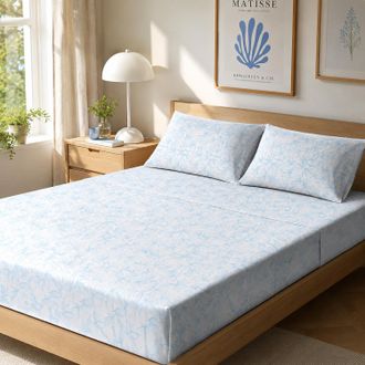 KASANOVA Completo letto matrimoniale policotone foglie azzurro