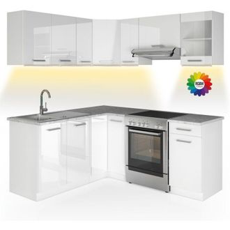 Vicco Cocina Esquinera Rick, Blanco/blanco Alto Brillo, 187 X 167 Cm, Et M&aacute;rmol Con Tira De Led
