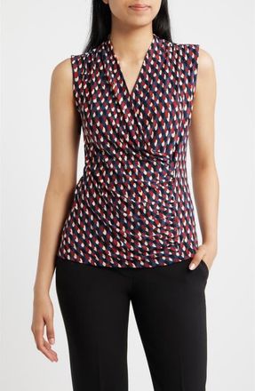 Anne Klein Shirred Faux Wrap Top in Blue Carbon Multi at Nordstrom, Size X-Large