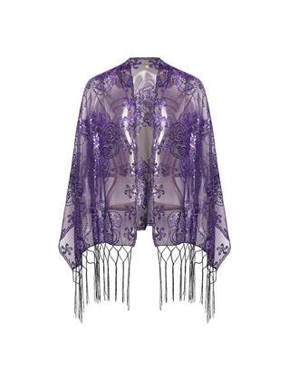 Babeyond 1920s Sequined Peacock Shawl Wraps Fringed Evening Cape Wedding Bridal Shawl Scarf for Evening Dresses Party, Z-dark Purple, One Size