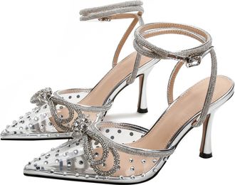 Generic Heel Sandals for Women 8.5CM Pointed toe Sexy Ankle Strap Transparent TPU Rhinestones Bow Party Dress Heel (Silver,10.5)