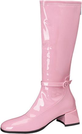 Generic Womens Knee High Riding Boots with Square Toe & Buckle Strap,Autumn and Winter Elegant Style,Pink,7.5 UK