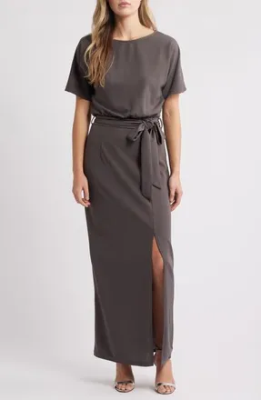 Nikki Lund Leif Tie Waist Maxi Dress in Grey at Nordstrom, Size X-Large
