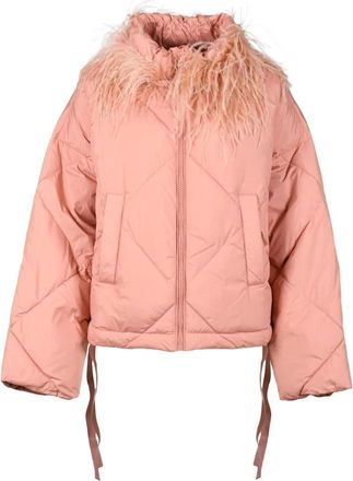 Twinset Gewatteerde jas met afneembare struisvogel kraag - Dames - Winterjassen - Roze - XL - Polyester - Jassen