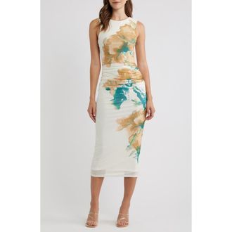 Flying Tomato Floral Ruched Midi Dress in Ivory Camel at Nordstrom, Size Medium
