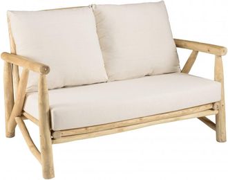 Macabane Sofá de 2 plazas de ramas de madera de teca y cojines blancos