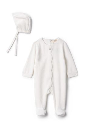 Fragile Girl Cotton Velour Scallop Romper with Bonnet in Off White at Nordstrom, Size 1M