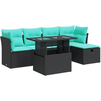 vidaXL 6 Piece Garden Sofa Set with Cushions Black Poly Rattan Acacia vidaXL