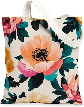 Generic Spring Peony Flower Canvas Tote Bag for Shopping 13x15, Vintage Retro Florals Reusable Grocery Print Pattern Bag for Women, Fun Aesthetic Beach Aesthe