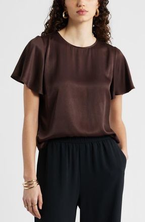 Nordstrom Flutter Sleeve Satin Top in Brown Coffee at Nordstrom, Size Xx-Small