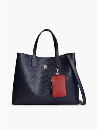 Tommy Hilfiger Womens Allover Debossed Monogram Satchel Bag - Space Blue