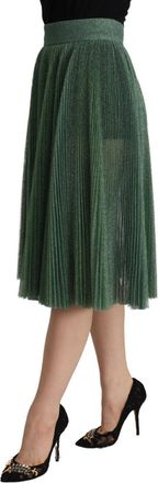 Dolce & Gabbana Womens Metallic Green High Waist A-Line Pleated Skirt Polyester Cotton