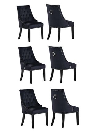 Life Interiors Set of 6 Velvet Dining Chairs Scoop Knockerback & Button Tufted, Solid Wood Legs in Black