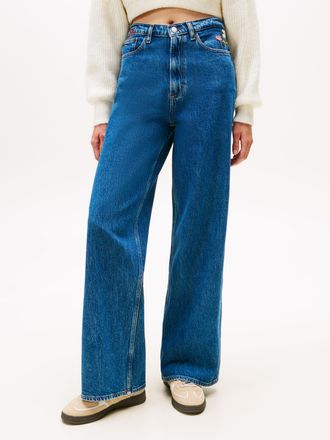 Tommy Jeans Loose-fit-Jeans TOMMY JEANS CLAIRE HR WD EMBRO BI4139, Damen, Gr. 25, L&auml;nge 30, blau (denim medium), Denim/Jeans, Obermaterial: 99% Baumwolle, 1% sons