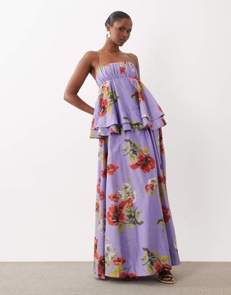 Asos Vestito lungo a doppio strato viola a fiori-Multi