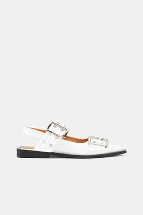 Ganni White Wide Welt Buckle Ballerinas - Size 35 Calf Leather