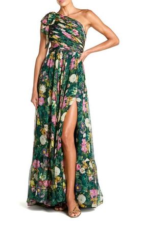 Mac Duggal Floral One-Shoulder Cutout Chiffon Evening Gown in Deep Green Multi at Nordstrom, Size 6