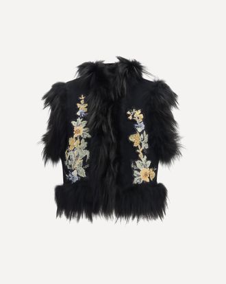 Fendi Gilet in lana vergine con collo in pelliccia e ricamo floreale Woman 42