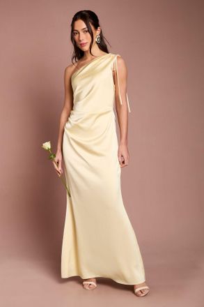 Oasis Womens Butter Yellow Ruched Side Detail One Shoulder Satin Maxi Bridesmaid Dress - Size 12 UK