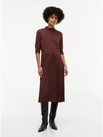 Tommy Hilfiger Womens Mixed-Media Pleated Midi Dress - Pure Brown - XXL