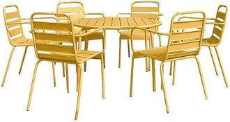 Vente-Unique Comedor de jard&iacute;n de metal - Mesa redonda D.130cm y 6 sillones apilables - Amarillo mostaza - MIRMANDE de MYLIA