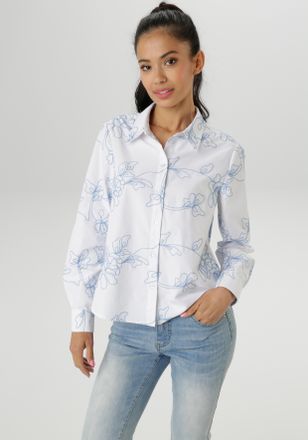 Aniston Hemdbluse ANISTON SELECTED, Damen, Gr. 36, blau (wei&szlig;, hellblau), Web, Obermaterial: 50% Baumwolle, 50% Polyester, bestickt, l&auml;ssig geschnitten h&uuml;ftla