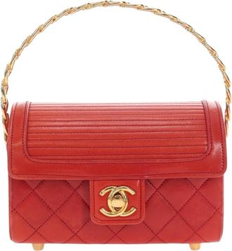 Chanel Vintage Mademoiselle Top Handle Flap Quilted Jersey Red Leather Handbag (Pre-Owned)