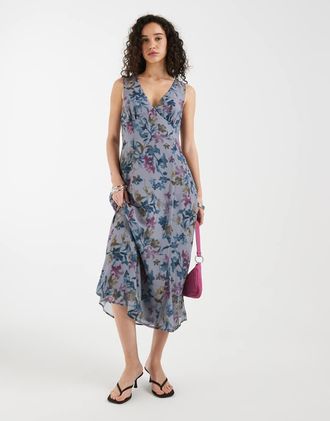 Motel Olydia - Vestito al polpaccio in chiffon blu a fiori sfumati