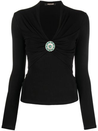 Roberto Cavalli beaded V-neck top - women - Viscose - 46 - Black
