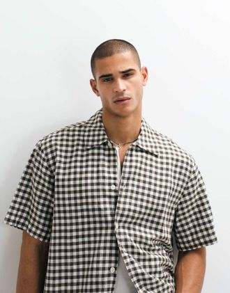 Selected Camicia a maniche corte marrone a quadri in misto lino