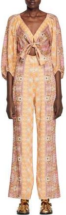 Sandro Dieppe Floral Linen Blend Jumpsuit in Beige at Nordstrom Rack, Size 10 Us / 42 Fr