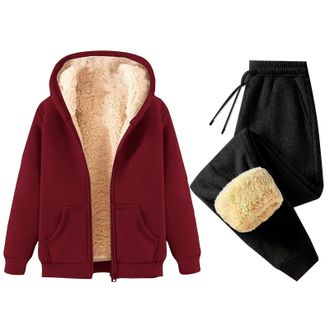 Generic Womens Fleece Lined Tracksuit Gym Outfit Womens Set 2 Piece Oversized Sherpa Hooded Jackets and Joggers Sweatpants Loungewear Outfits Winter Warm Trou