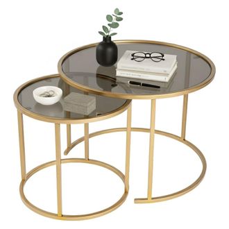 Dmora Juego De 2 Mesas De Centro Abbadesse, Mesa De Centro Baja, Revistero Para Sof&aacute;, Estante De La Sala De Estar, 60x60 H43 Cm, Oro Y Bronzo - Dmora