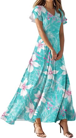 Generic Ladies Short Puff Sleeve V Neck Floral Boho Dresses Flared Flowy Chiffon Maxi Dress Summer Beach Holiday Sundress for Women,Blue,XL