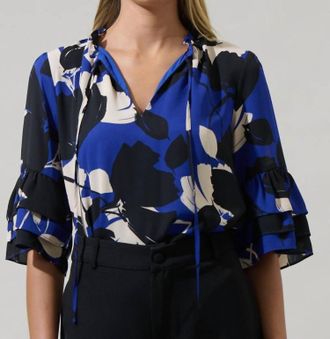 Sugarlips Anthem Floral Break Room Split Neck Ruffle Blouse In Blue Black