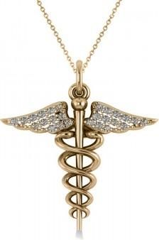 Allurez Diamond Caduceus Medical Symbol Pendant 14k Yellow Gold (0.13ct)
