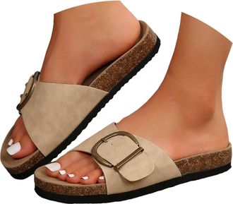 Generic Womens Flat Slide Slippers with Arch Support Slip On Comfortable Cork Footed with Adjust Buckle Memory Foam Slide for Beach Summer Vacation Womens San