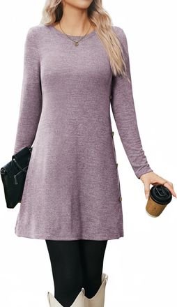 Zeagoo Womens Dresses UK Long Sleeve Knitted Jumper Dress Casual Crew Neck Dresses Autumn Lightweight Elegant Button Tunic Dress Mauve XL