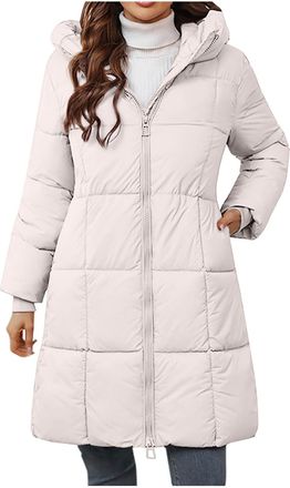 Generic Womens Long Puffer Coat Hooded Warm Winter Quilted Jacket Lightweight Padded Parka Zip Up with Pockets Insulated Windproof Water Resistant Longline Kn
