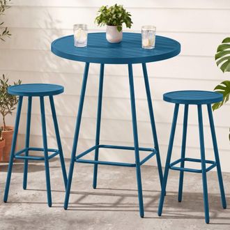 Best Choice Products 3-Piece Steel Patio Bar Height Round Bistro Set w/ Backless Stools, Slatted Design