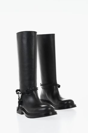 Bottega Veneta Stivali Biker in Pelle Sotto il Ginocchio con Cinturino Intrecciato Bottega Veneta