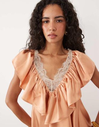 Asos vestito corto in raso con scollo a V, volant e bordo in pizzo color pesca-Arancione