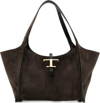 Tod's T Timeless Plaque Tote - Dames - Shoppers - Bruin - ONE Size - Su&egrave;de - Tassen