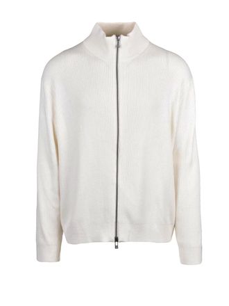 A|X Armani Exchange White Ribbed Knit Wool-Blend Zip Cardigan