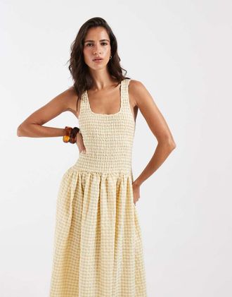 Asos vestito maxi arricciato a quadretti crema-Bianco