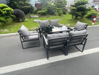 Fimous Aluminum Garden Furniture Dining Set Adjustable Rising Lifting Table & Chairs Patio Outdoor 6 Seat Black Tempered Glass Dark Grey