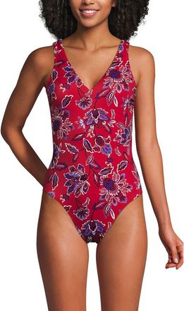 Lands End Tugless V-Neck High Leg One Piece Swimsuit in Strawberry Vintage Floral at Nordstrom, Size 14