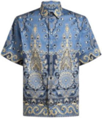 Etro Overhemden, Heren, Veelkleurig, XL, Katoen, Blauw Medaillon Print Shirt met Korte Mouwen